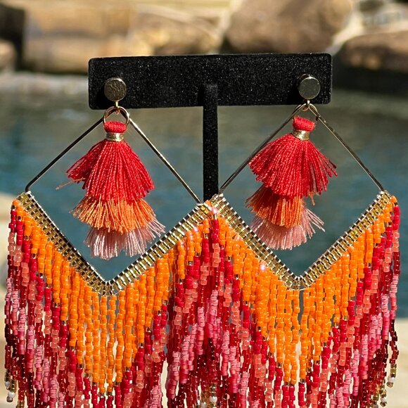 Handmade Beaded Long Tassel Fringe Dangle Drop Bohemian Post Diamond Earrings - Picture 7 of 9